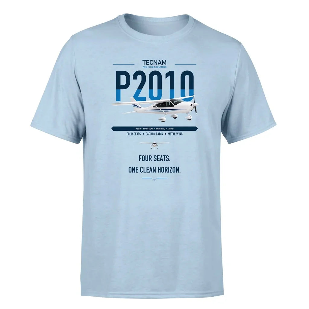 Tecnam P2010 design on light blue t-shirt, single-side print