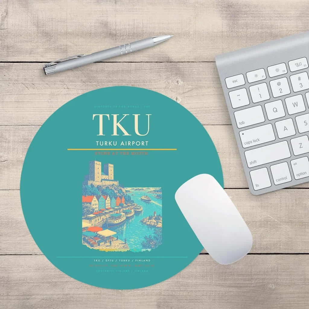 Turku Airport (TKU) design on turquoise round mouse pad