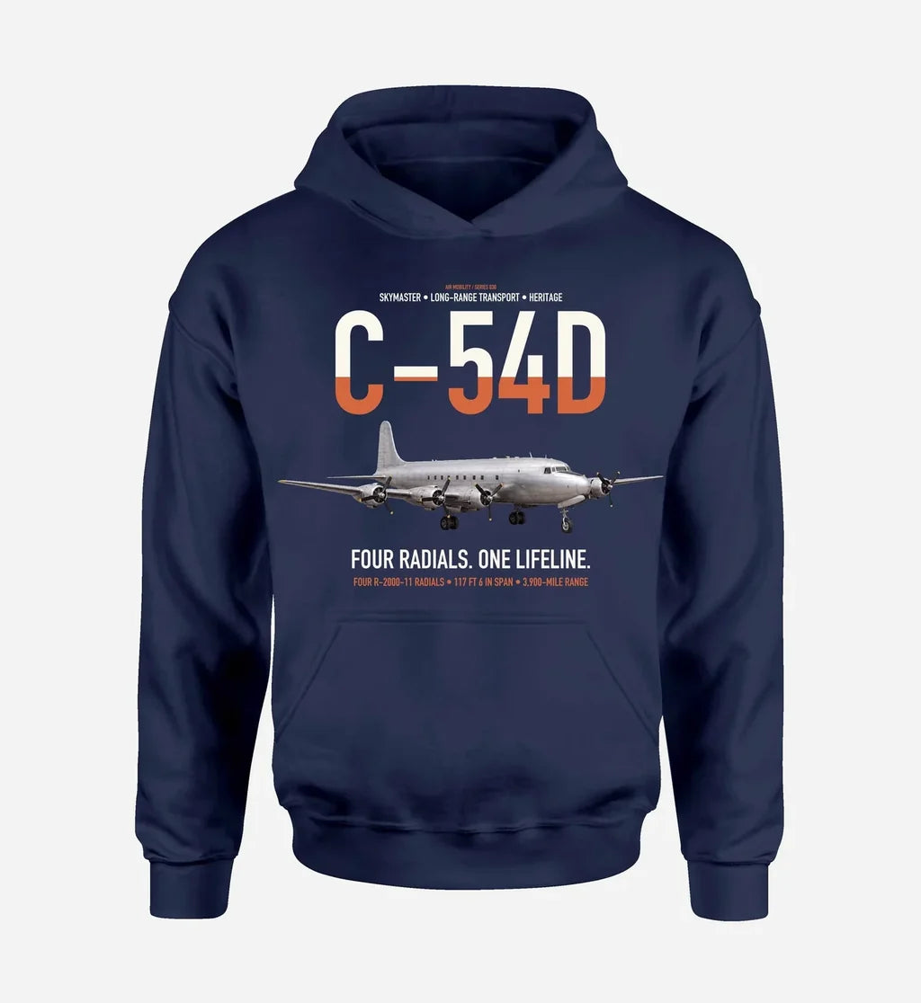C-54D Skymaster design on navy blue double-side hoodie, single-side print