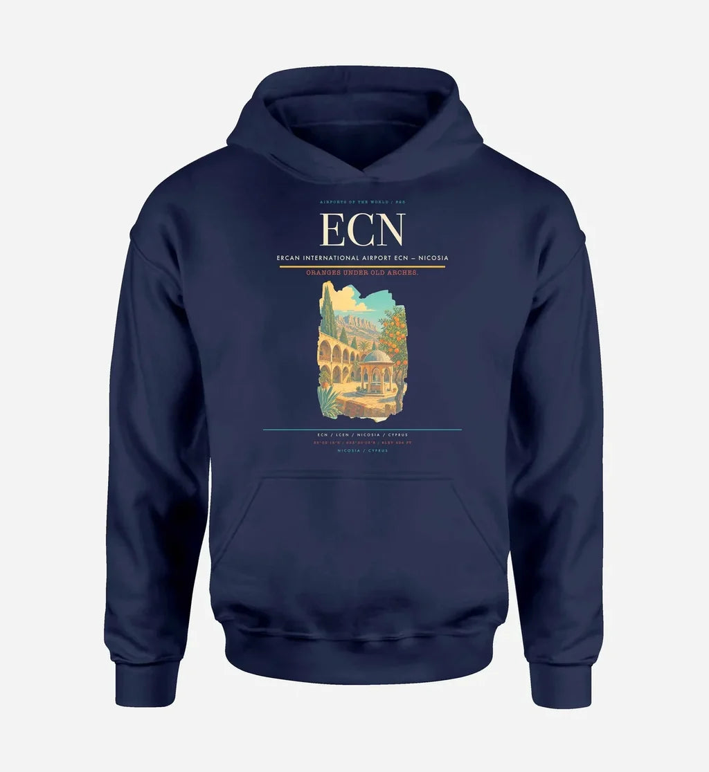 Ercan International Airport (ECN) design on navy blue hoodie single-side print