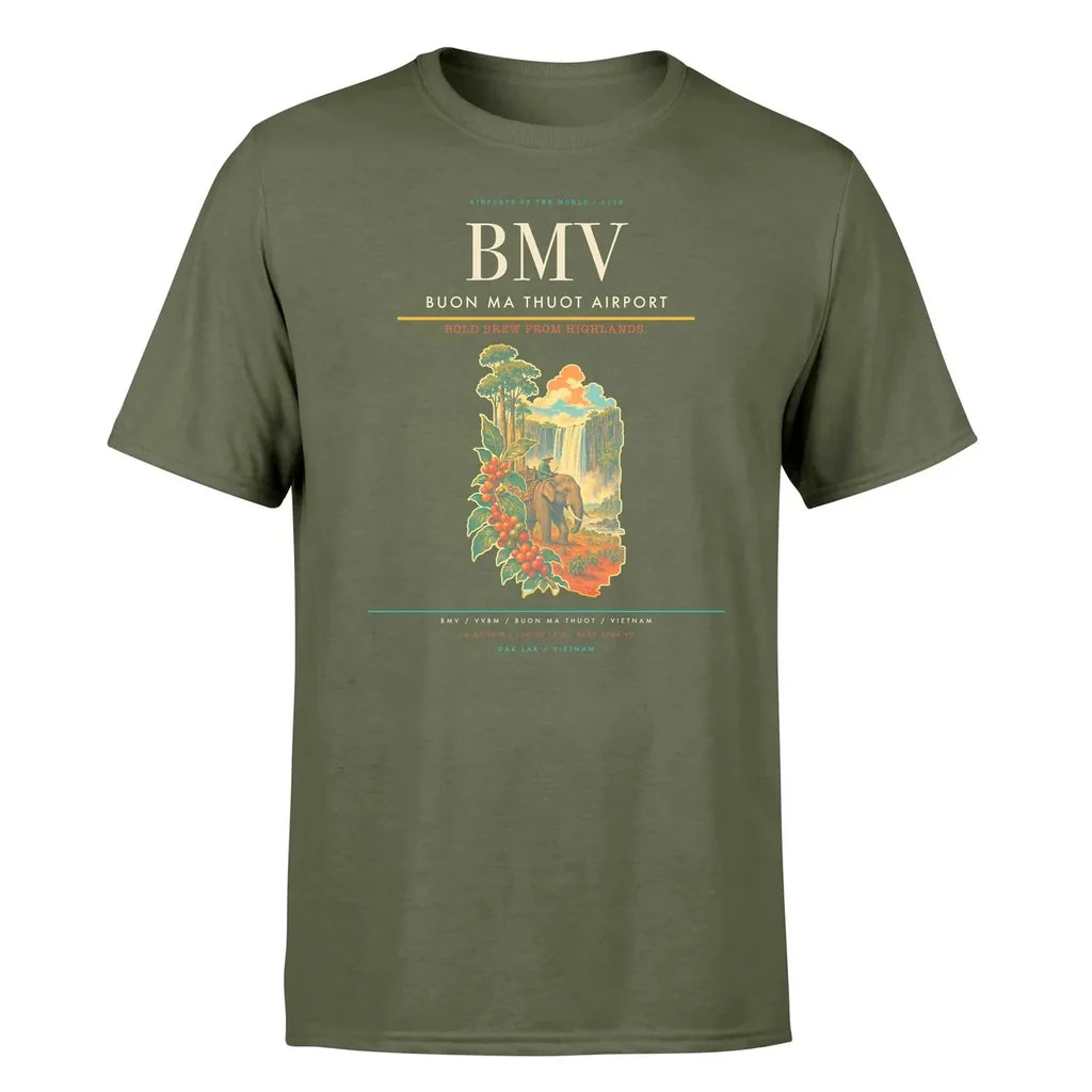 Buon Ma Thuot Airport (BMV) T-Shirt single-side front print in Green Army | buon-ma-thuot-airport-bmv-double-side-t-shirt