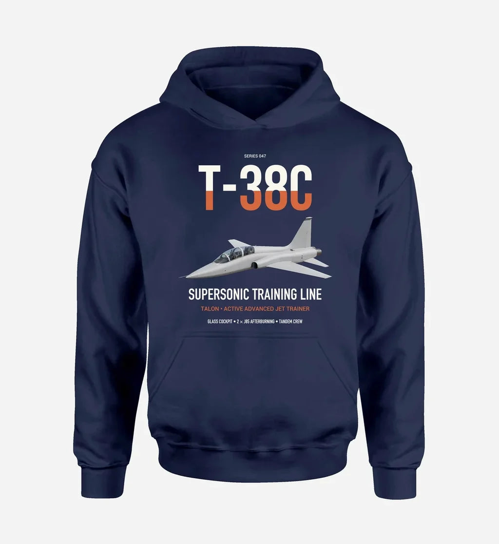 T-38C Talon design on navy blue double-side hoodie, single-side print
