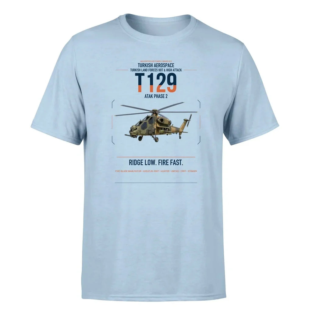 Turkish Aerospace T129 ATAK Phase 2 design on light blue t-shirt, single-side print