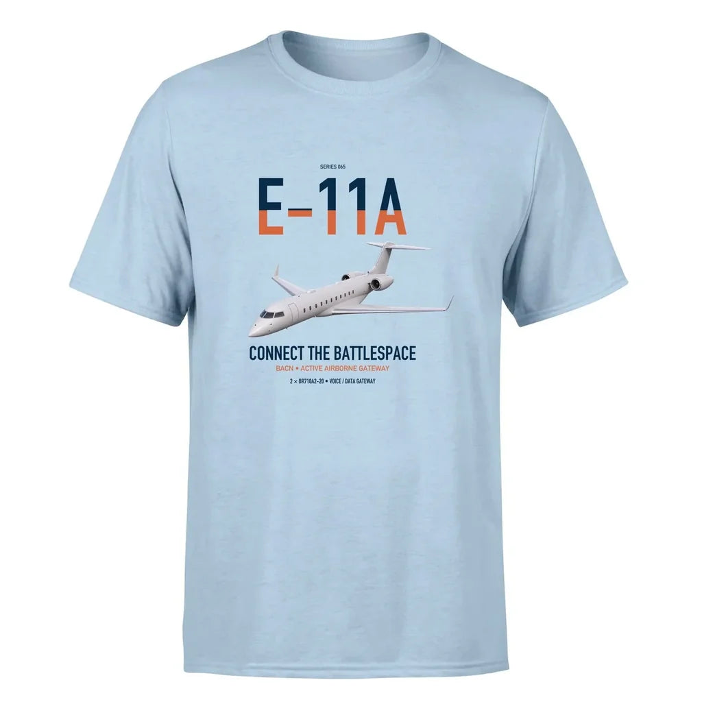 E-11A BACN design on light blue double-side t-shirt, single-side print