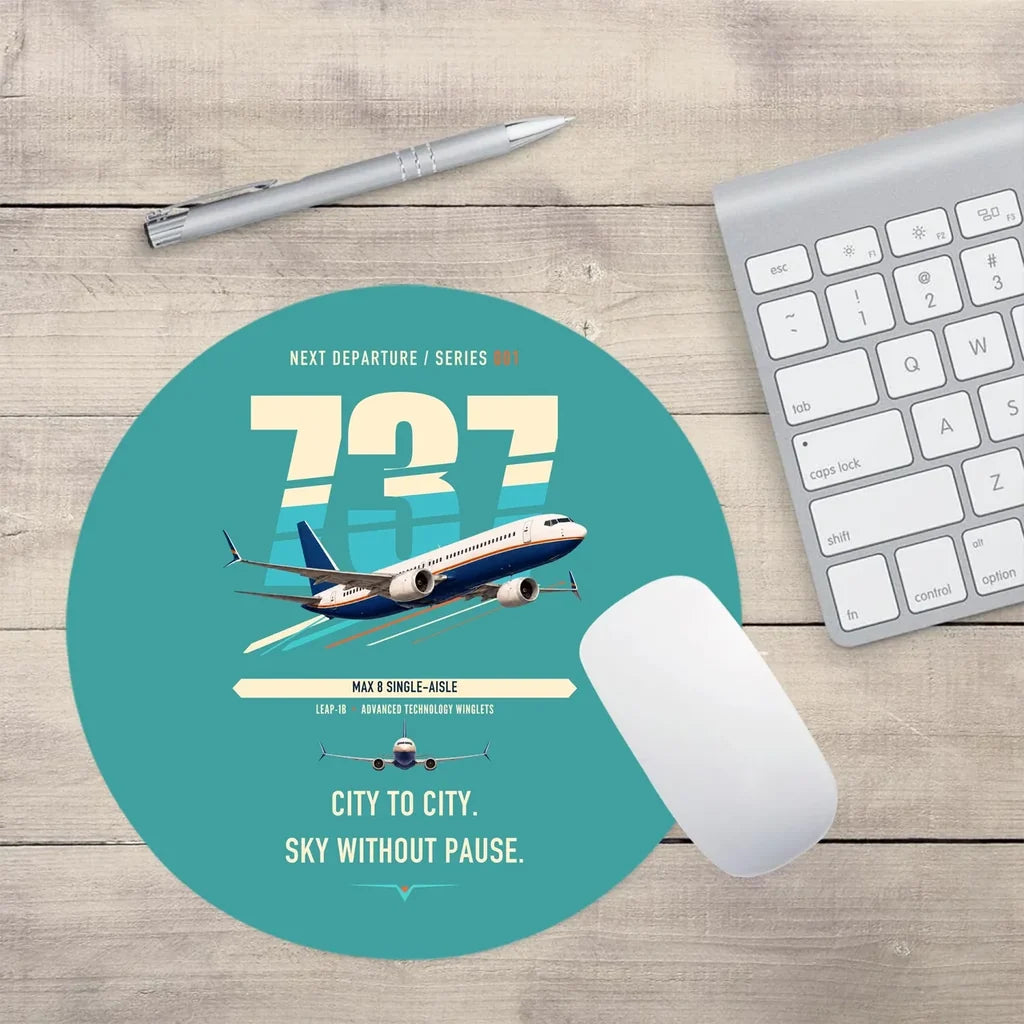 Boeing 737 MAX 8 design on turquoise round mouse pad