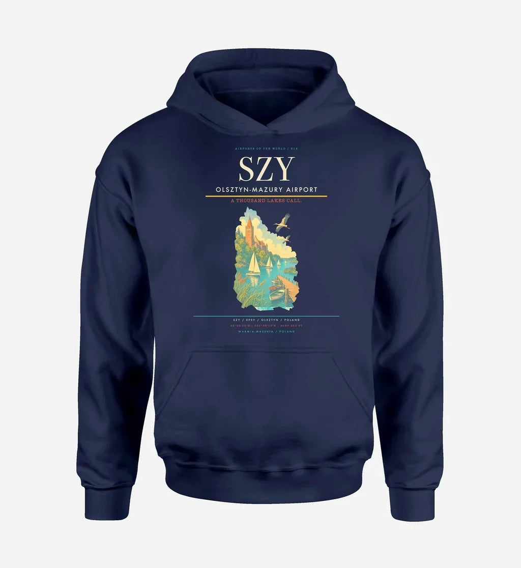 Olsztyn-Mazury Airport (SZY) design on navy blue hoodie single-side print
