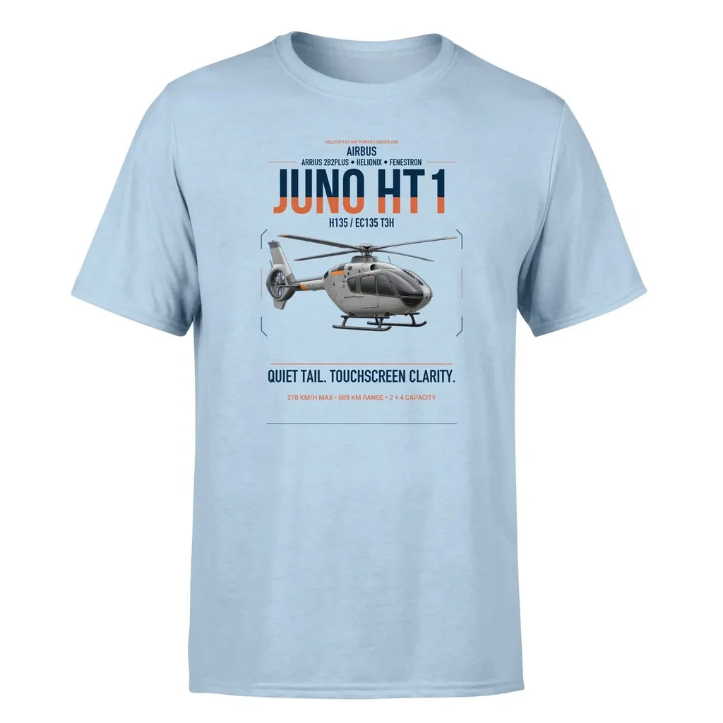 Airbus H135 Juno HT1 design on light blue t-shirt, single-side print