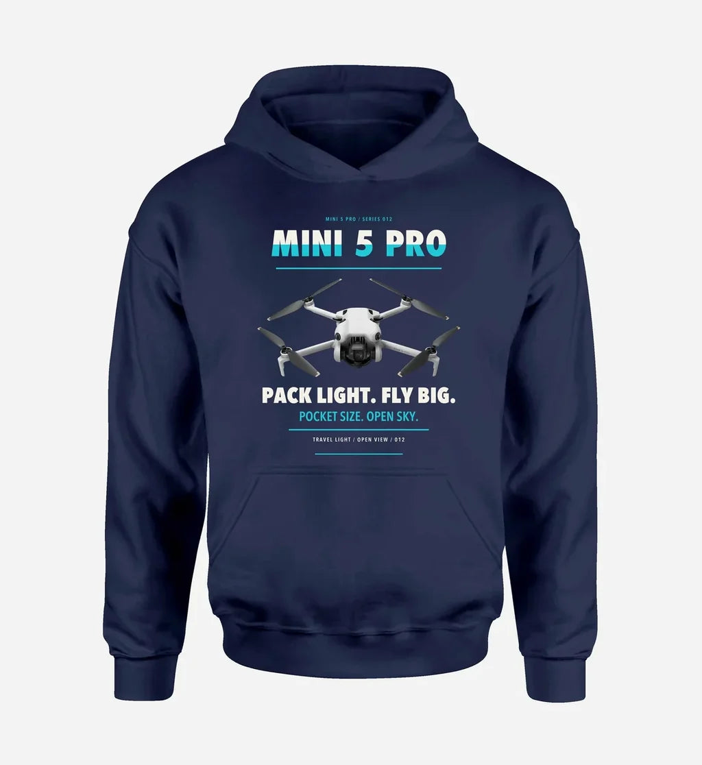 DJI Mini 5 Pro design on navy blue hoodie single side