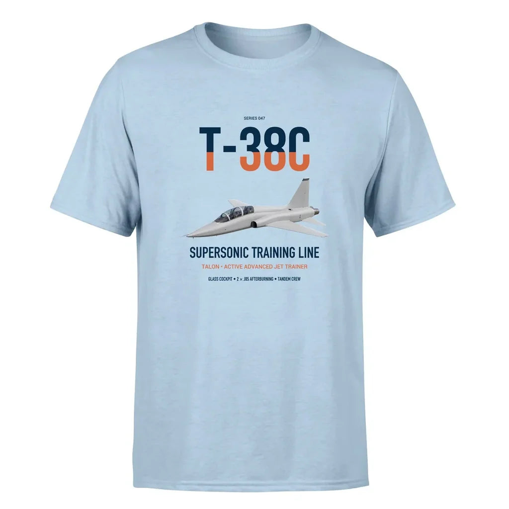 T-38C Talon design on light blue double-side t-shirt, single-side print