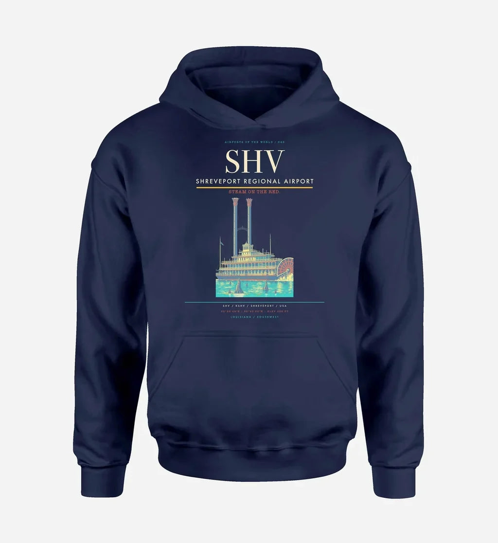 Shreveport Regional Airport (SHV) design on navy blue hoodie single-side print