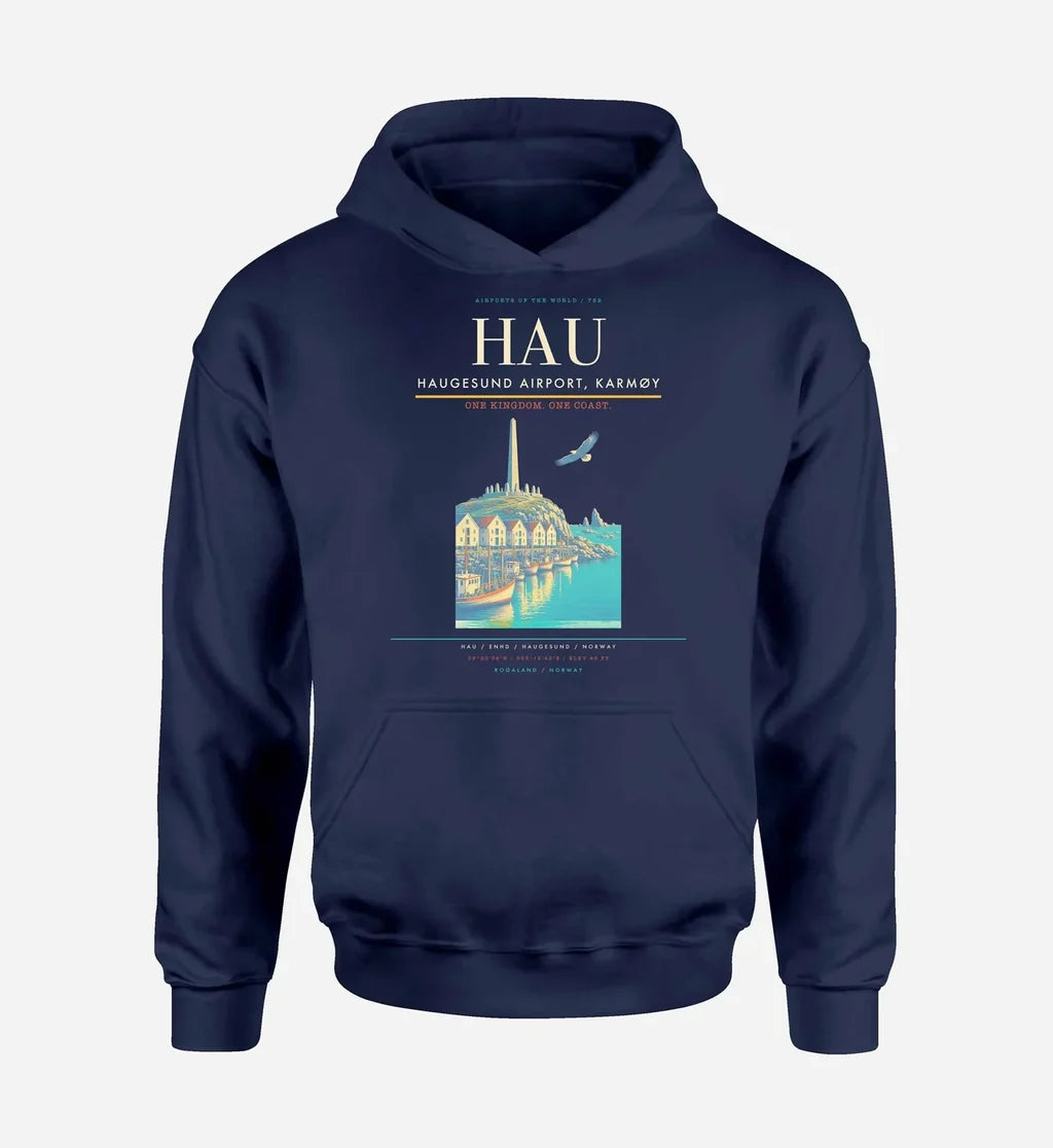 Haugesund Airport, Karmøy (HAU) design on navy blue hoodie single-side print