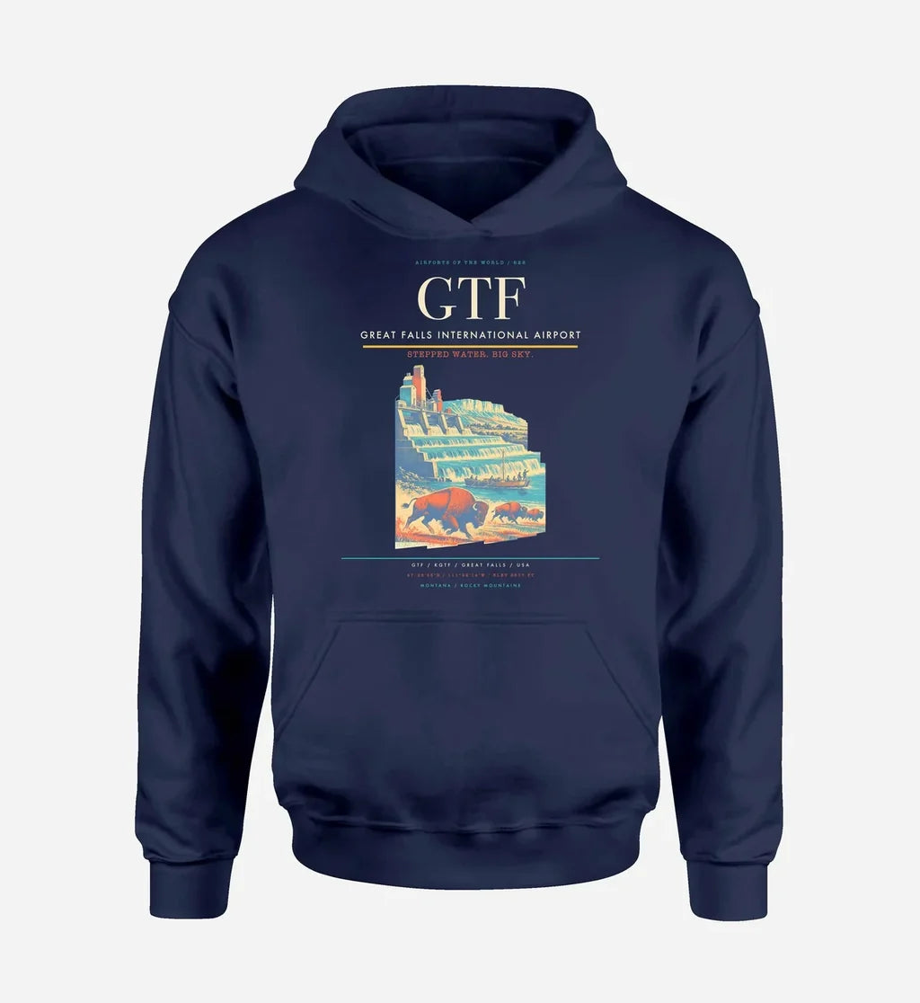 Great Falls International Airport (GTF) design on navy blue hoodie single-side print