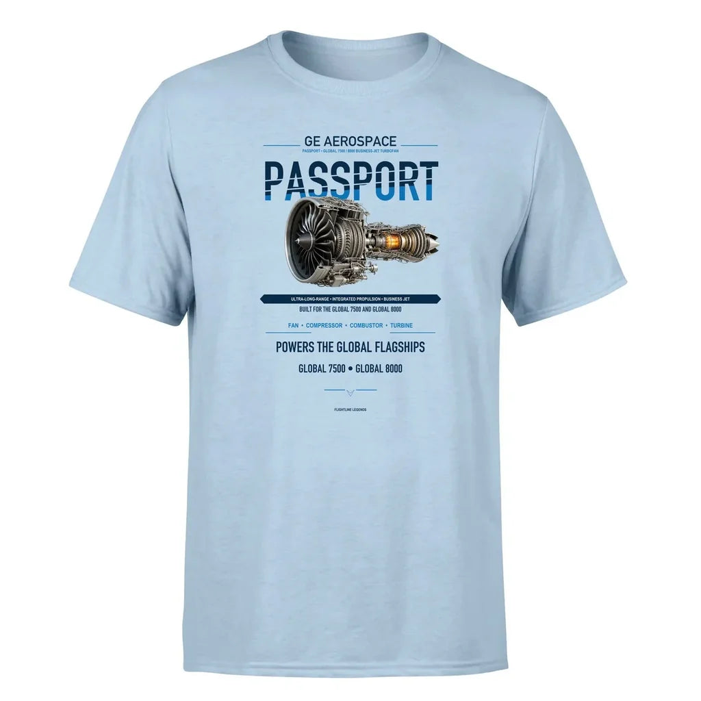 GE Passport design on light blue single side