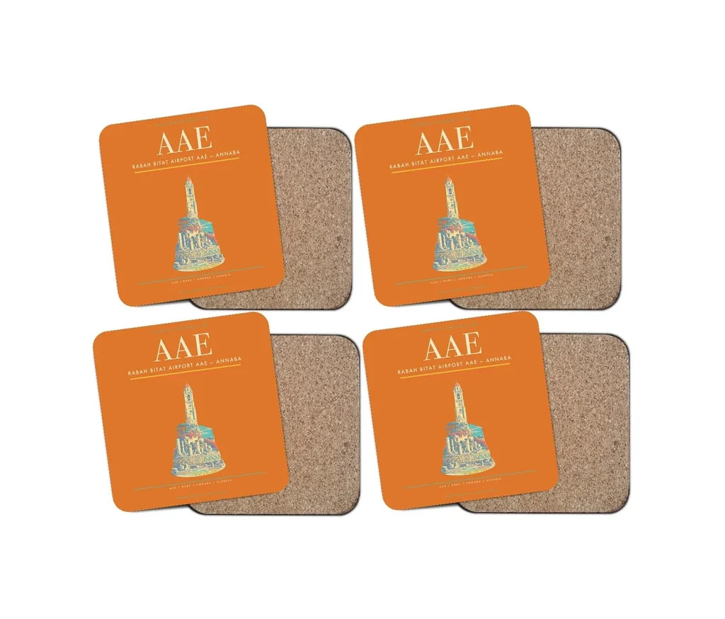 Rabah Bitat Airport (AAE) design on orange 4 pieces set coaster