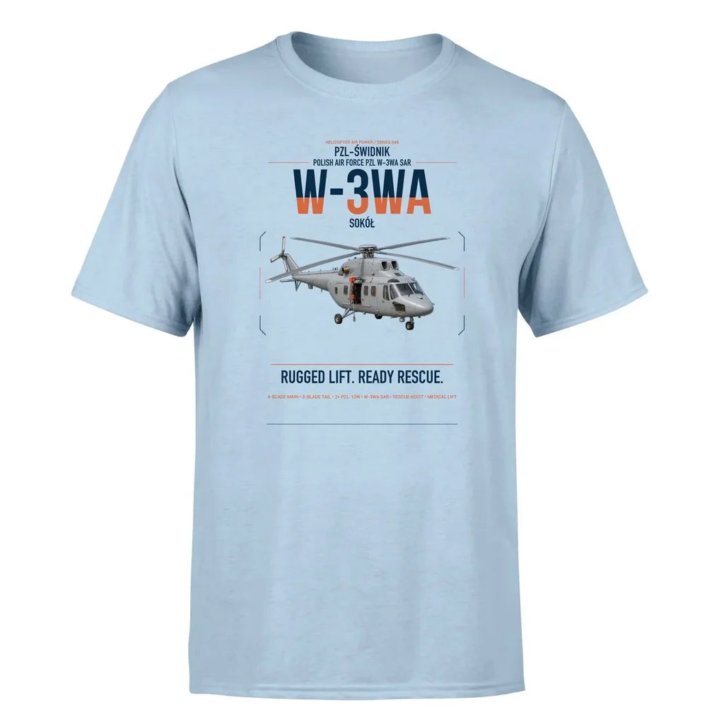 PZL-Świdnik W-3WA Sokół design on light blue t-shirt, single-side print