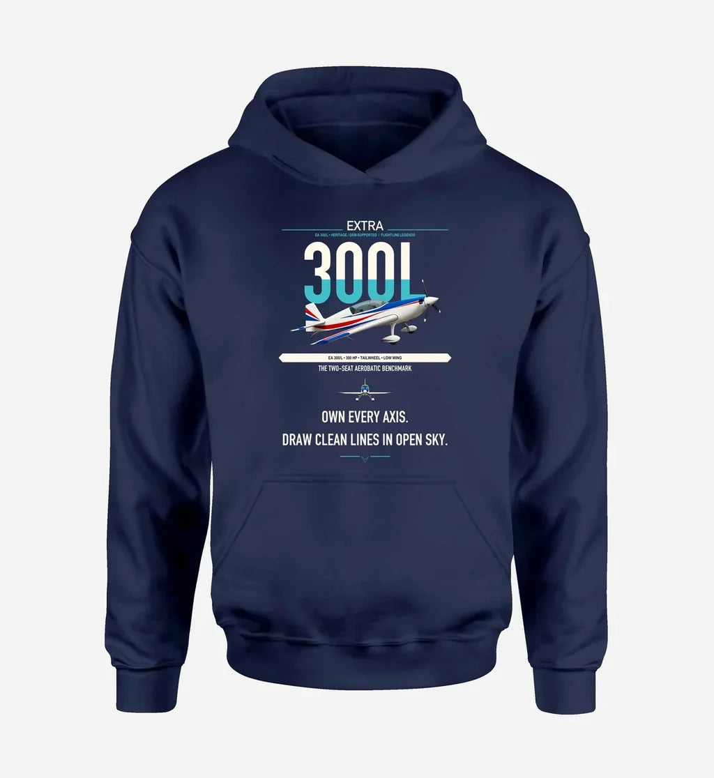 Extra 300L design on navy blue double-side hoodie, single-side print
