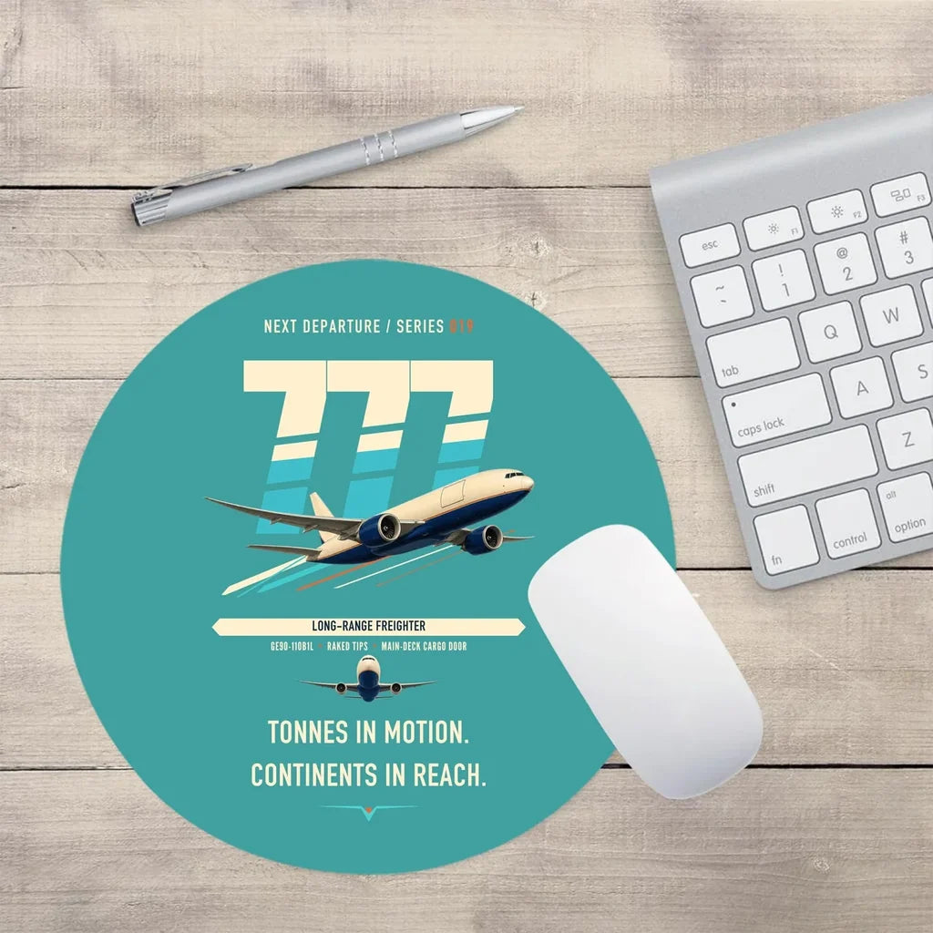 Boeing 777F design on turquoise round mouse pad