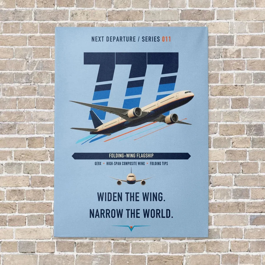 Boeing 777-9 vertical canvas print - no frame - light blue background