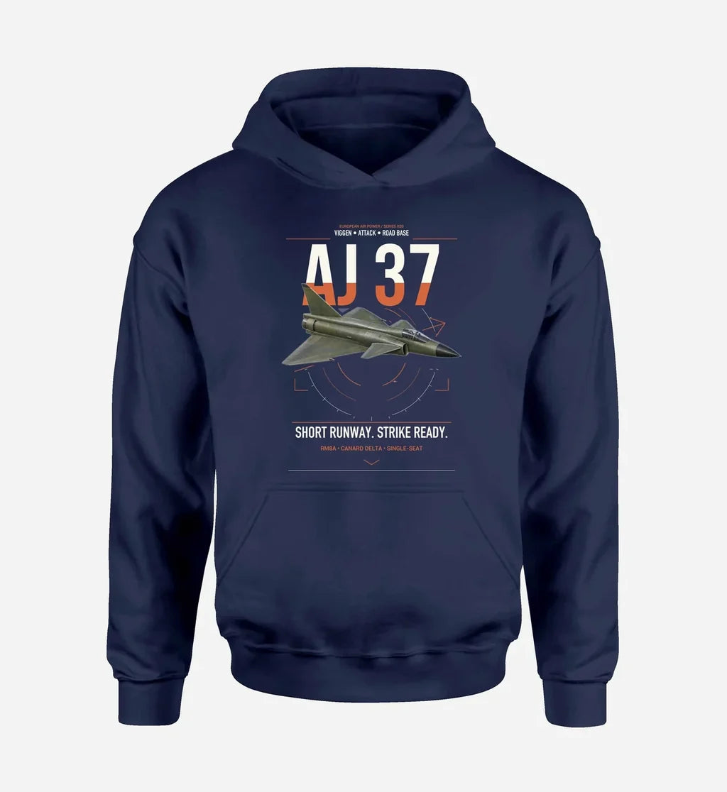 Saab AJ 37 Viggen design on navy blue double-side hoodie, single-side print