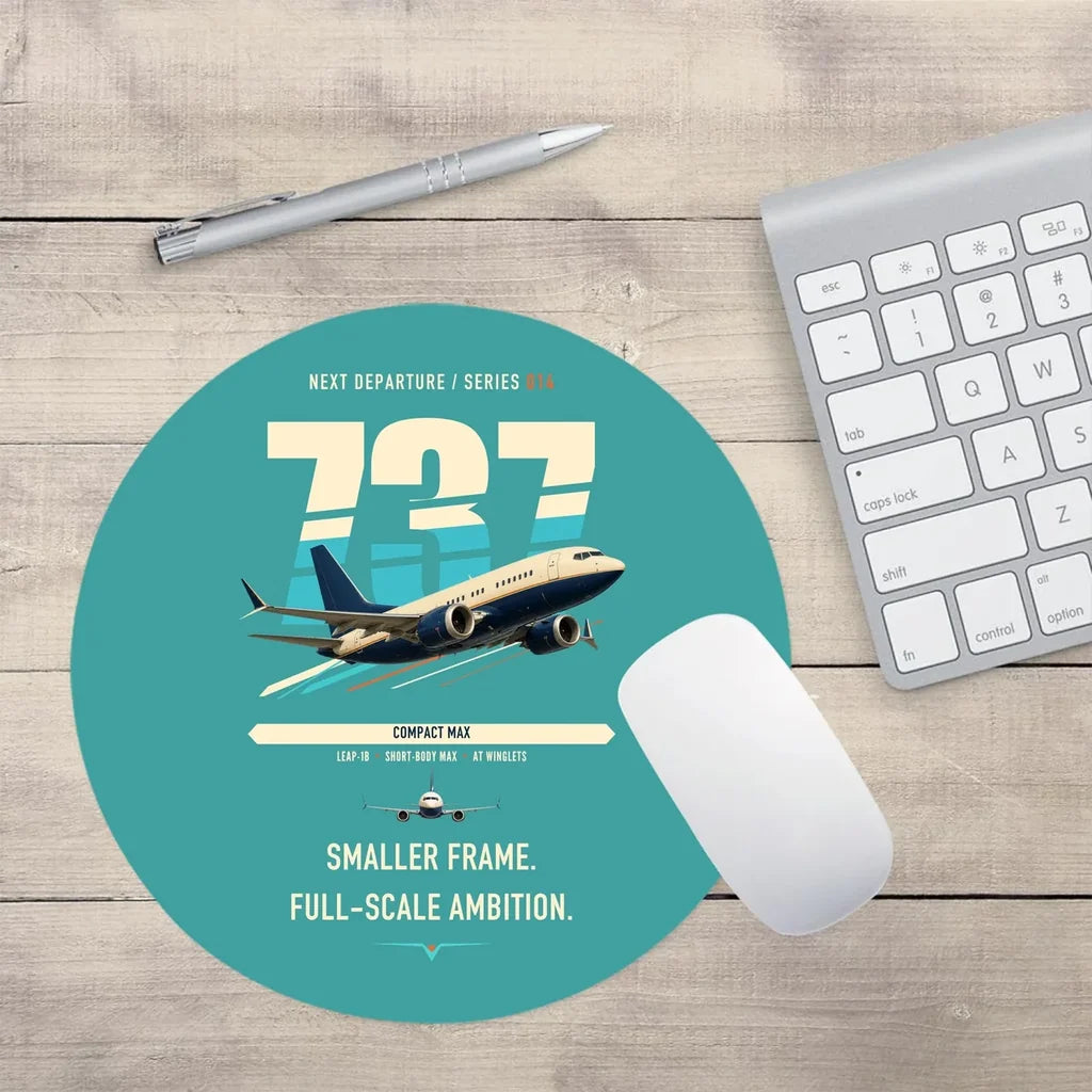 Boeing 737 MAX 7 design on turquoise round mouse pad