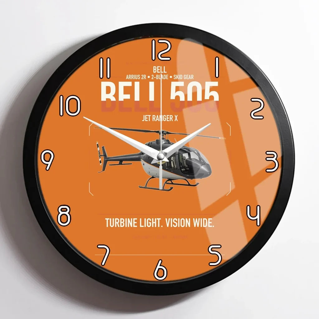 Bell 505 Jet Ranger X design on orange framed wall clock