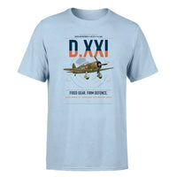 Thumbnail for Fokker D.XXI — Dutch LVA aircraft 221 design on light blue t-shirt, single-side print