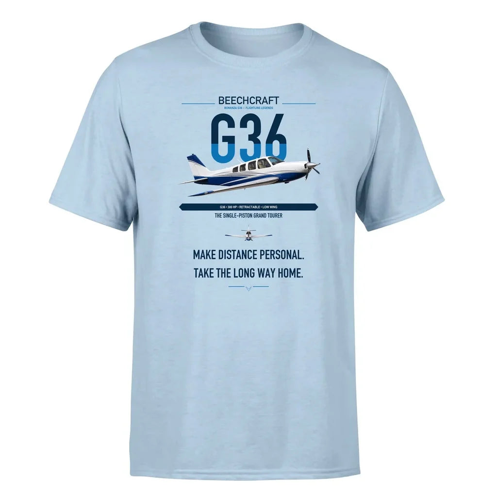 Beechcraft Bonanza G36 design on light blue t-shirt, single-side print