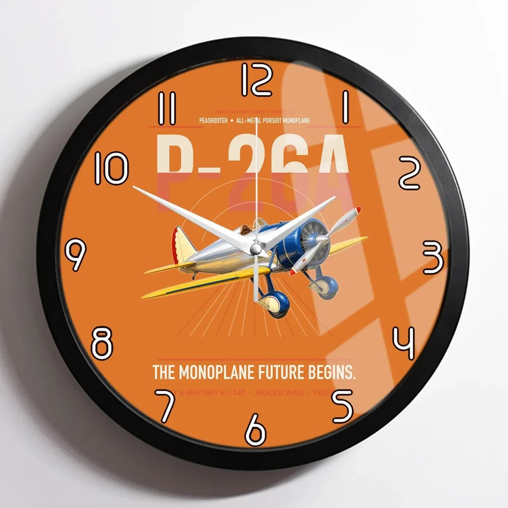 Boeing P-26A Peashooter design on orange framed wall clock