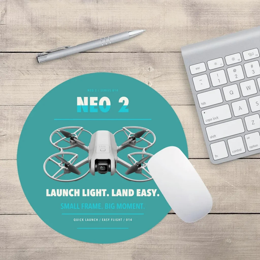 DJI Neo 2 design on turquoise round mouse pad