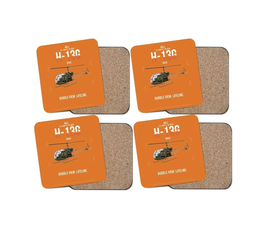 Bell H-13G Sioux design on orange 4 pieces set coaster