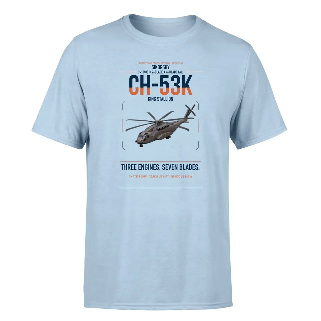 Sikorsky CH-53K King Stallion design on light blue t-shirt, single-side print