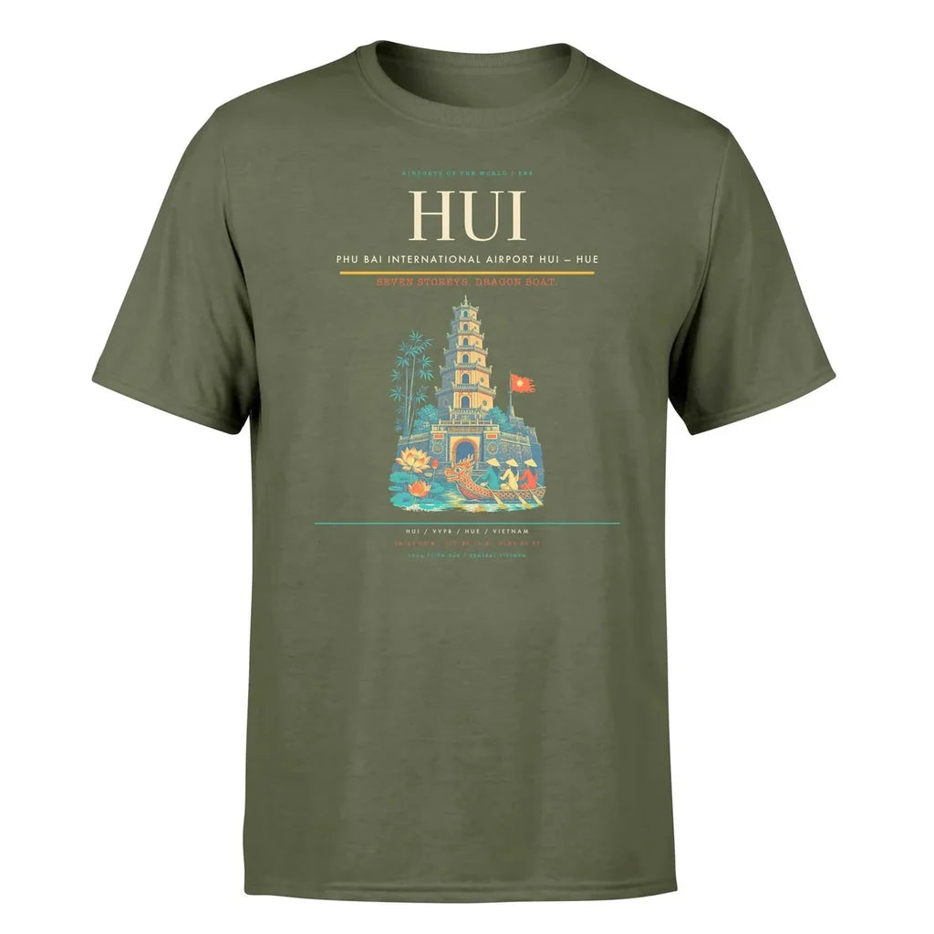 Phu Bai International Airport (HUI) T-Shirt single-side front print in Green Army | phu-bai-international-airport-hui-double-side-t-shirt