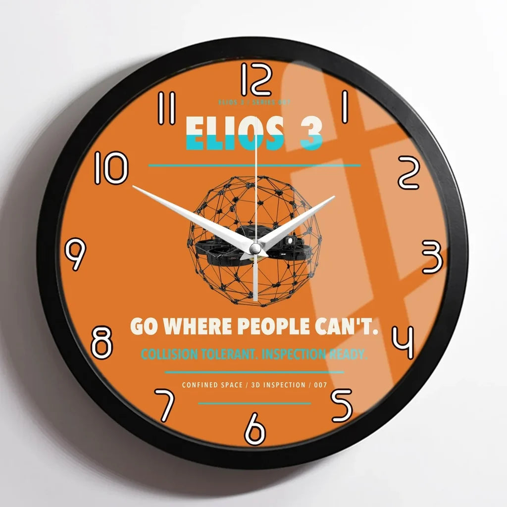 Flyability Elios 3 design on orange framed wall clock