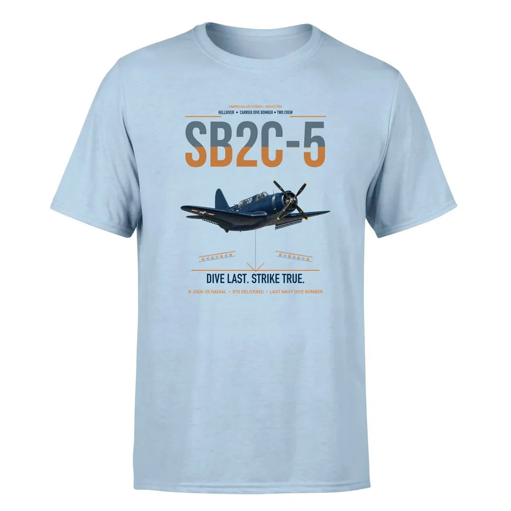 SB2C-5 Helldiver design on light blue double-side t-shirt, single-side print