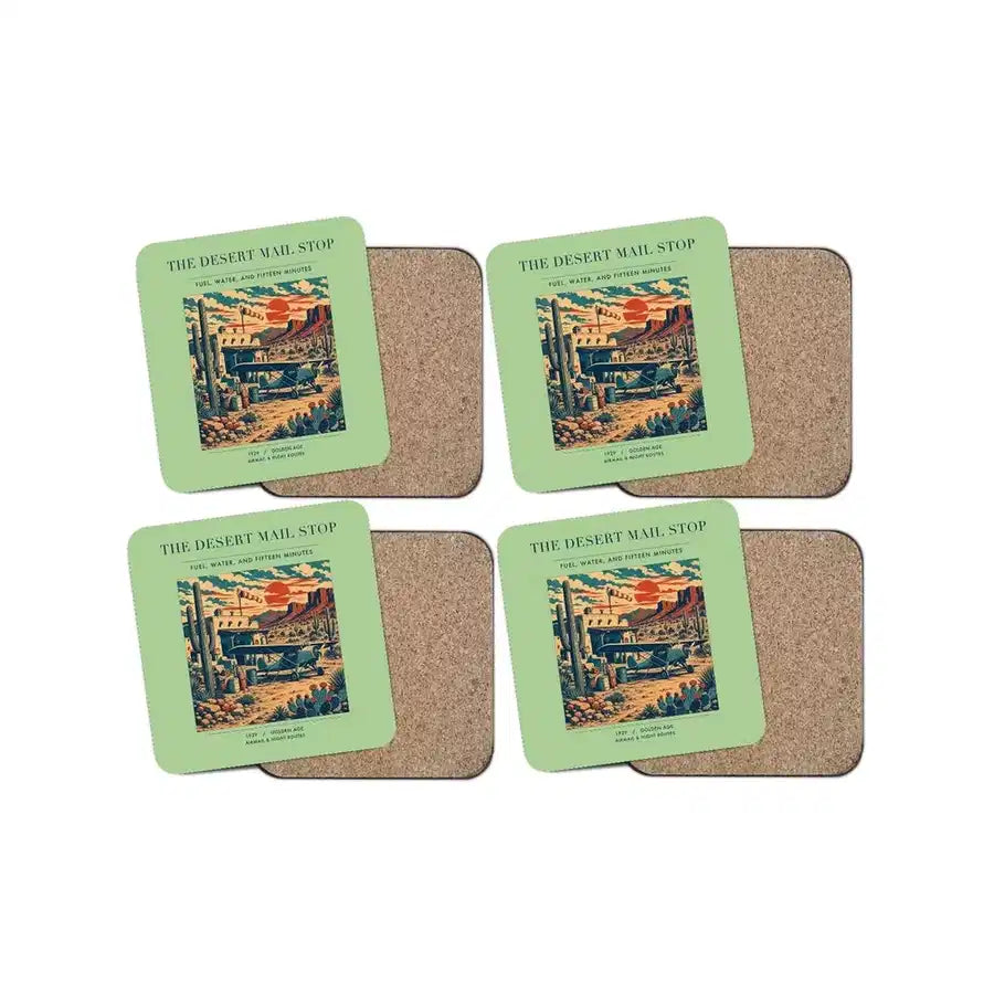 The Desert Mail Stop - Designed Coasters design on light green 4-pieces-set