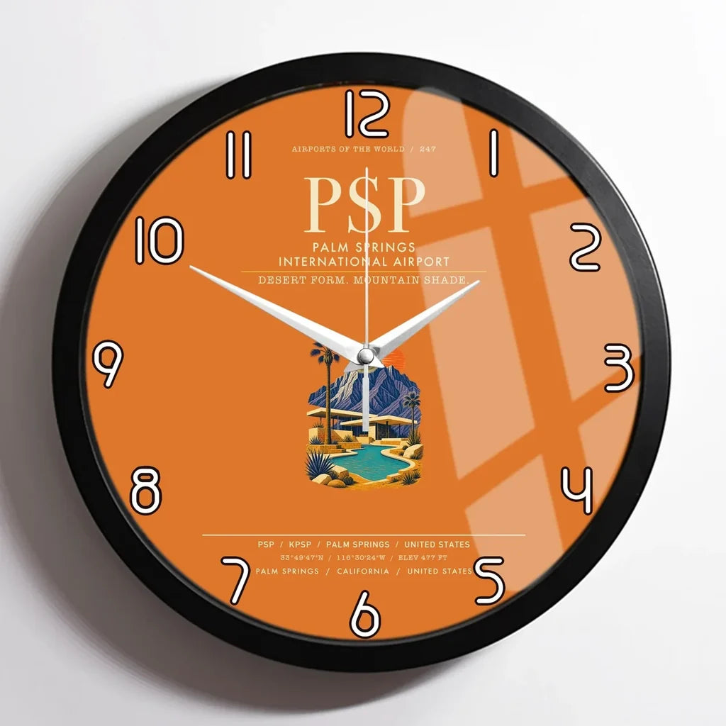 Palm Springs International Airport (PSP) design on orange framed wall clock