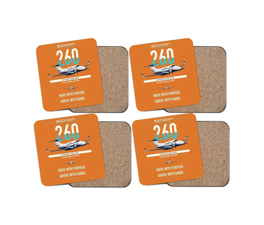 Beechcraft King Air 260 design on orange 4 pieces set coaster