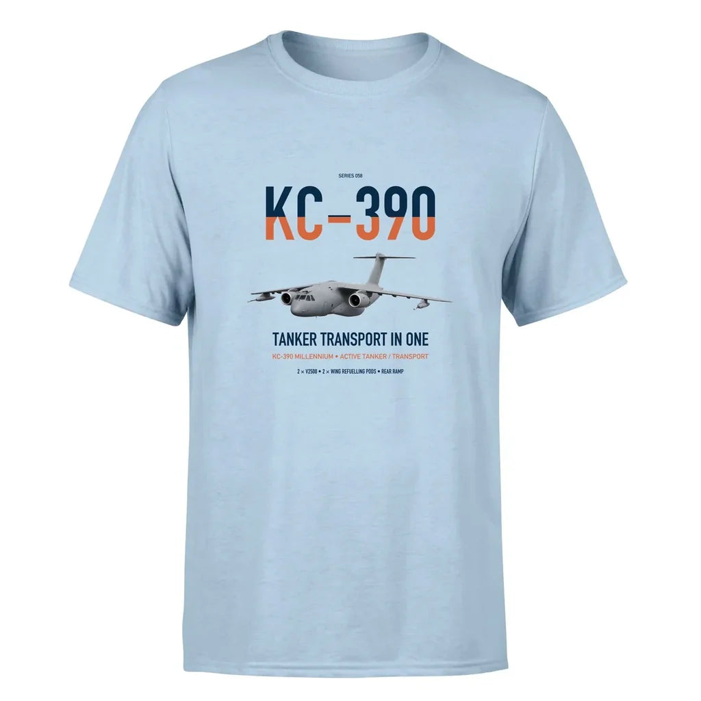 Embraer KC-390 Millennium design on light blue double-side t-shirt, single-side print
