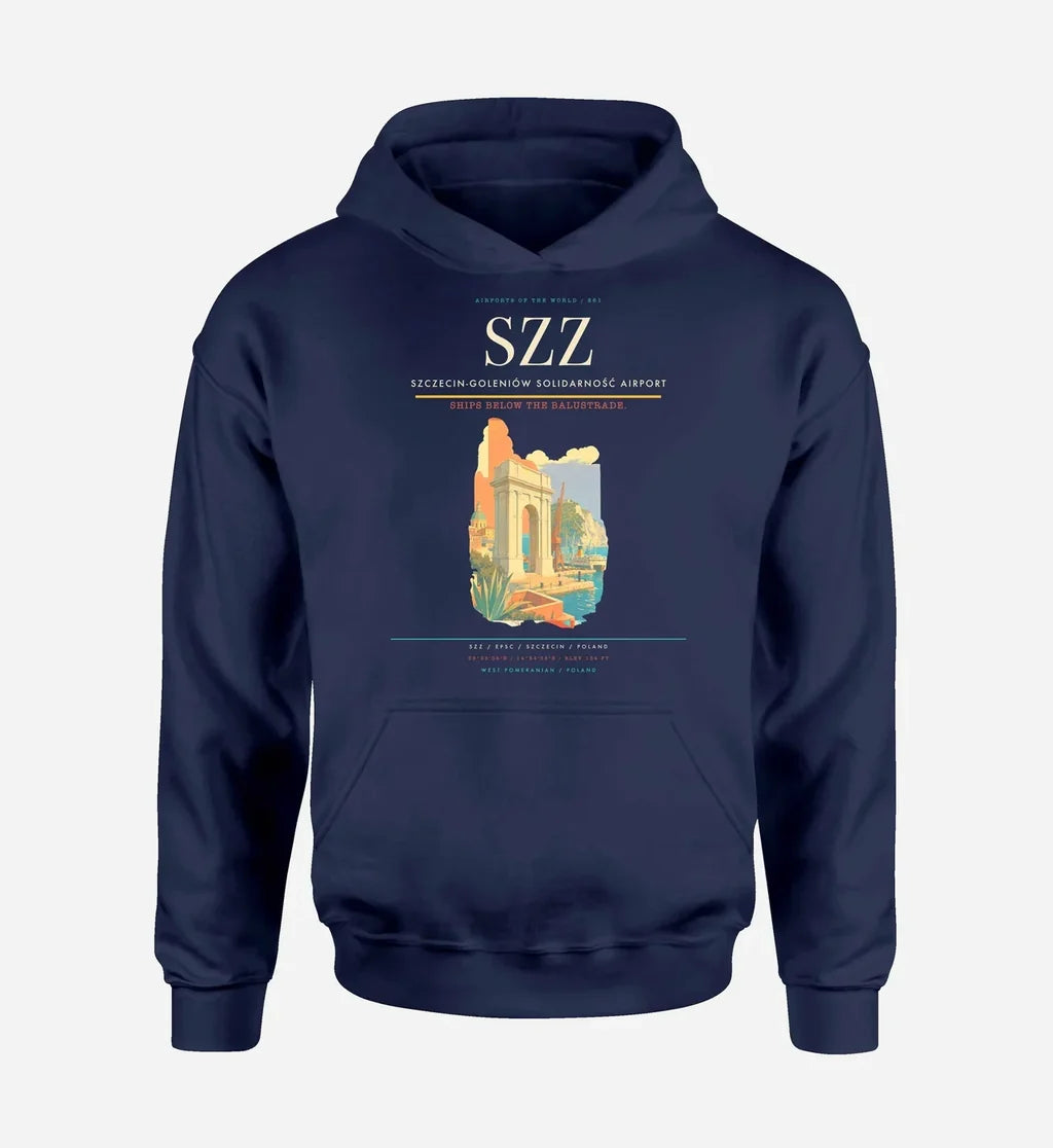 Szczecin-Goleniów Solidarność Airport (SZZ) design on navy blue hoodie single-side print