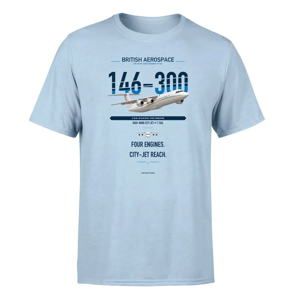 BAe 146-300 design on light blue double-side t-shirt, single-side print