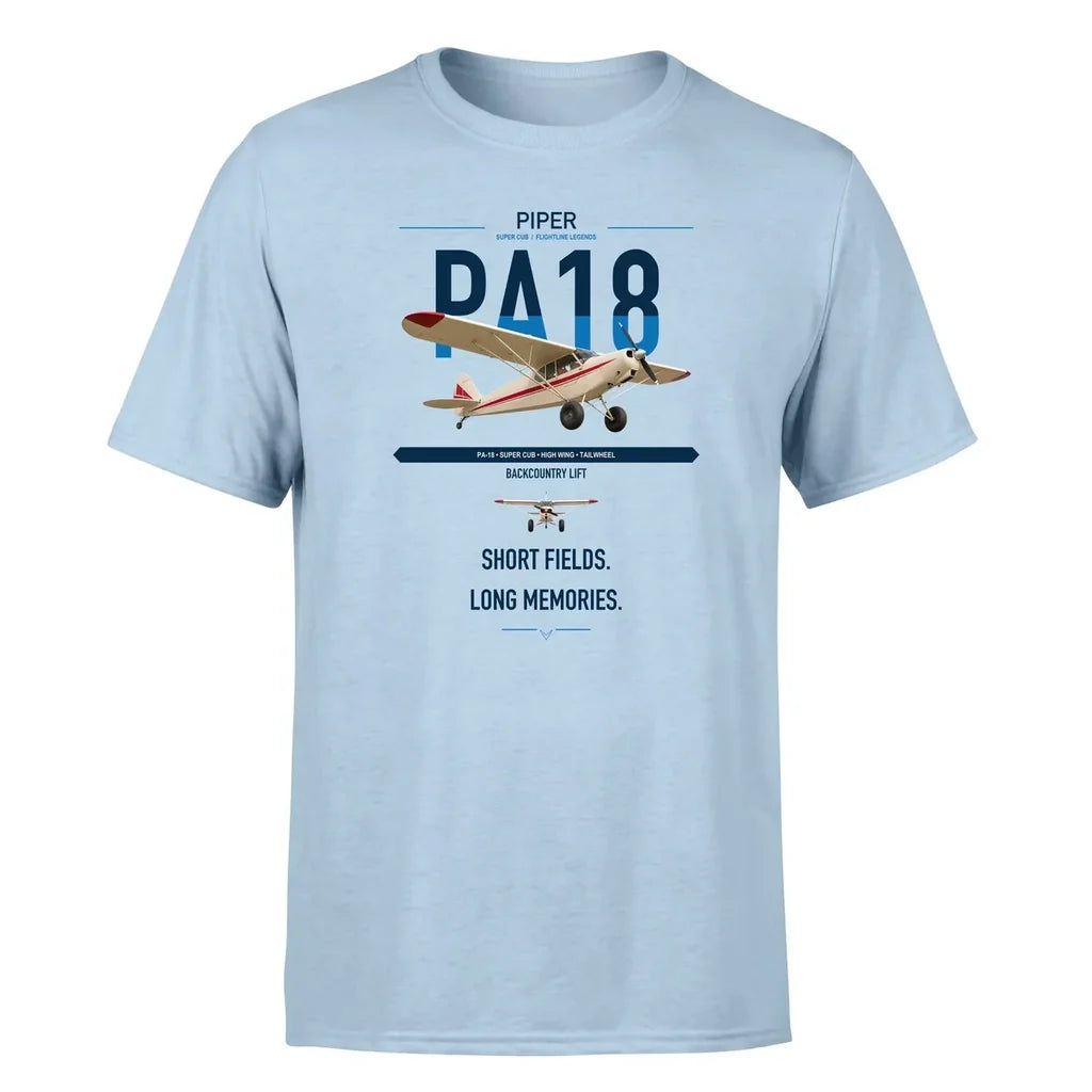 Piper PA-18 Super Cub design on light blue t-shirt, single-side print