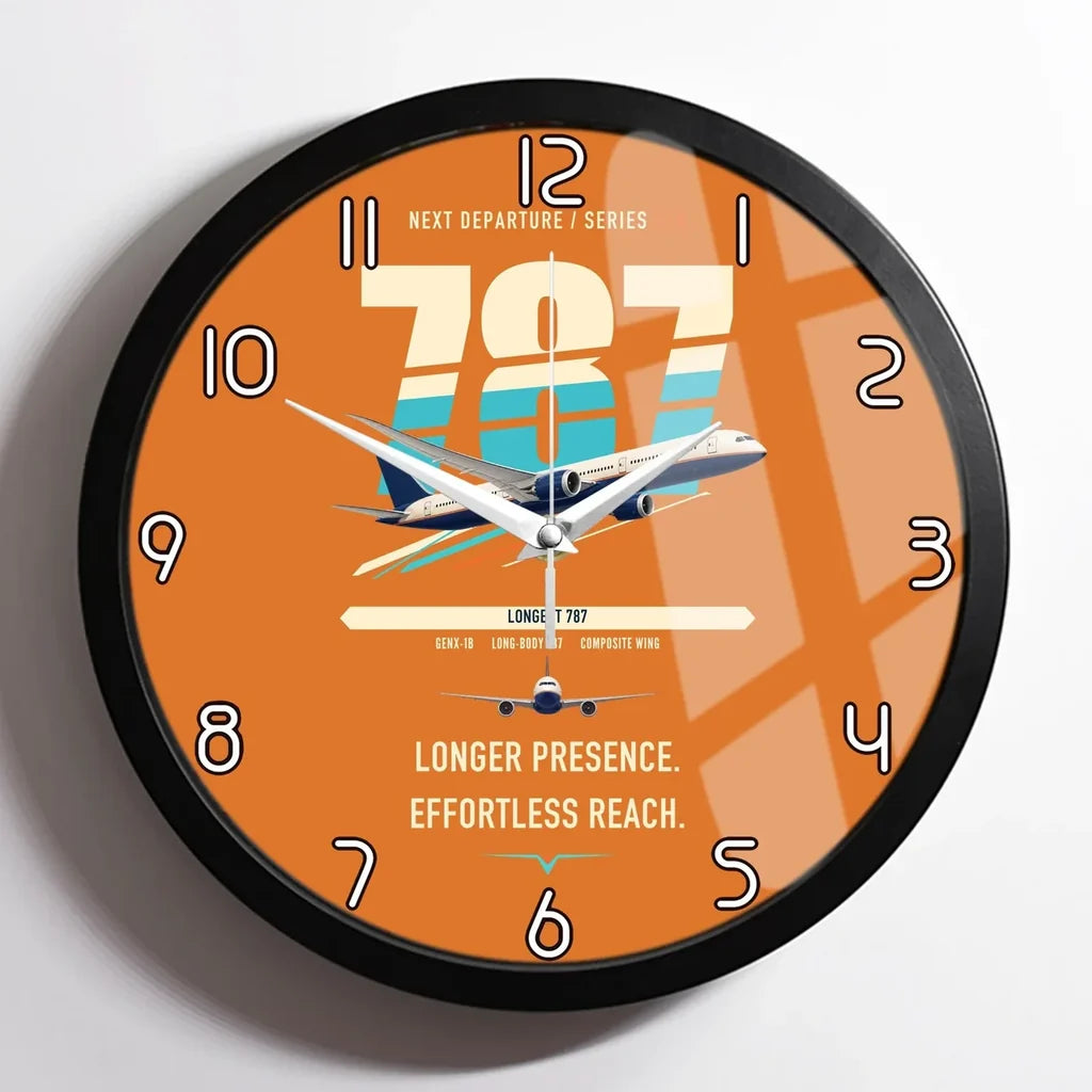 Boeing 787-10 Dreamliner design on orange framed wall clock