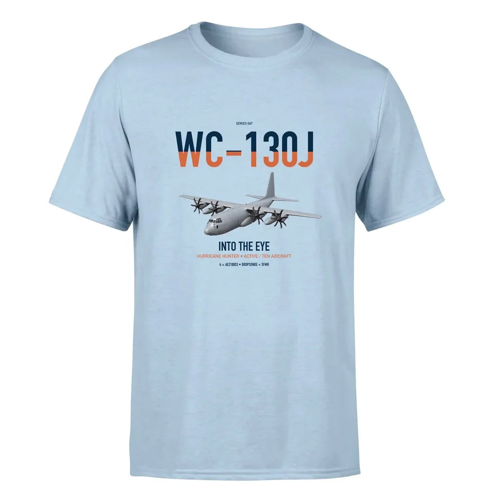 WC-130J Hurricane Hunter design on light blue double-side t-shirt, single-side print