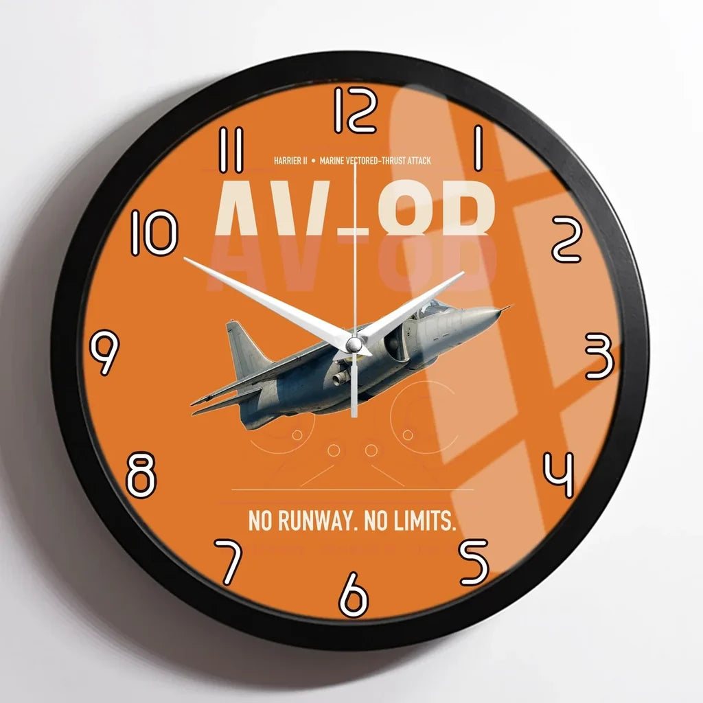 AV-8B Harrier II design on orange framed wall clock
