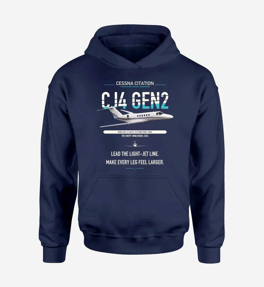Cessna Citation CJ4 Gen2 design on navy blue double-side hoodie, single-side print