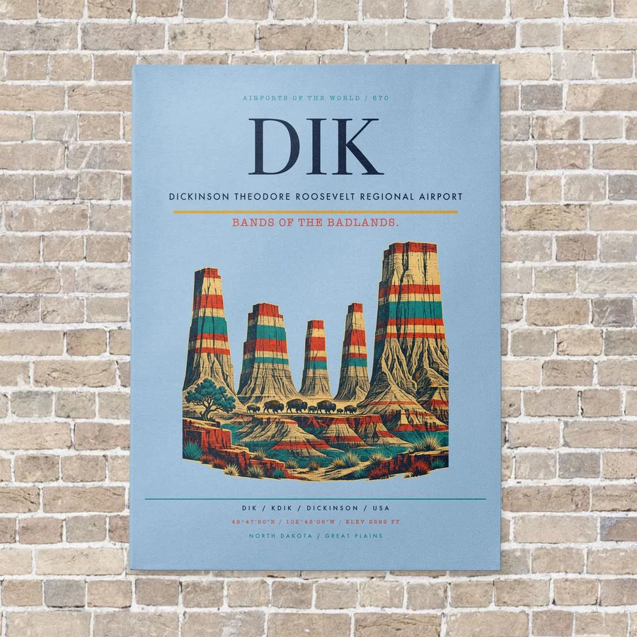 Dickinson Theodore Roosevelt Regional Airport DIK vertical canvas print - no frame - light blue background
