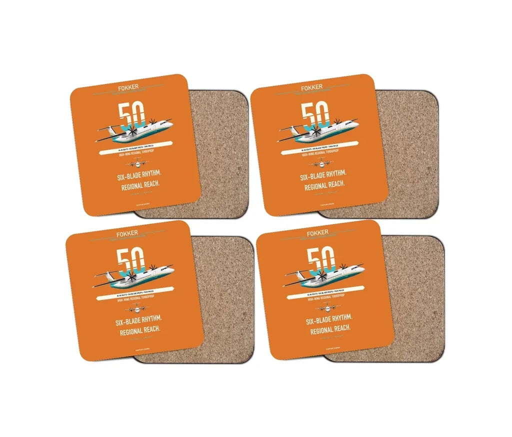 Fokker 50 design on orange 4 pieces set coaster