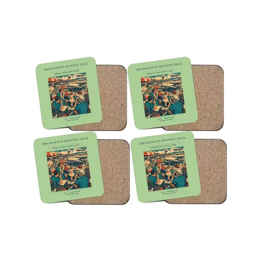 The Rooftop Spotting Deck - Designed Coasters design on light green 4-pieces-set