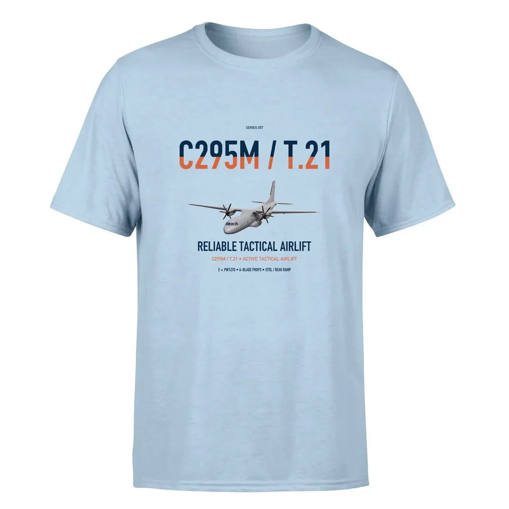 Airbus C295M T.21 design on light blue double-side t-shirt, single-side print