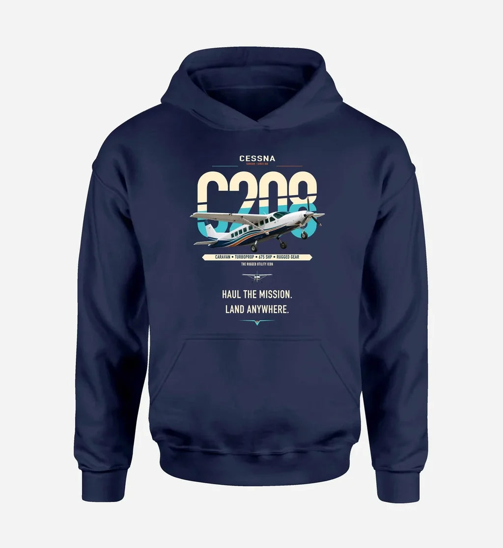 Cessna 208 Caravan design on navy blue double-side hoodie, single-side print